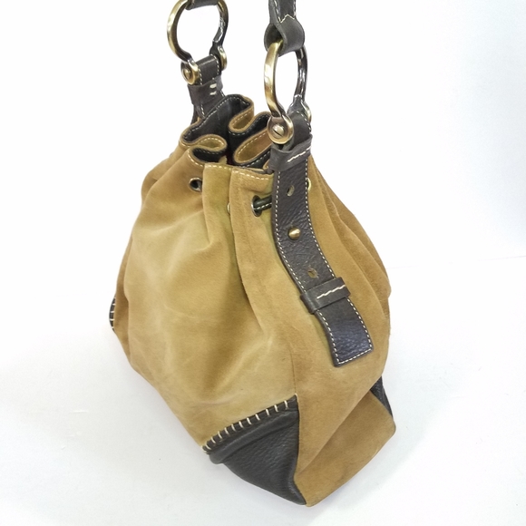 Vintage Donald J. Pliner Y2K Boho Soft Suede Leather Drawstring Bucket Hobo Bag - Picture 4 of 13